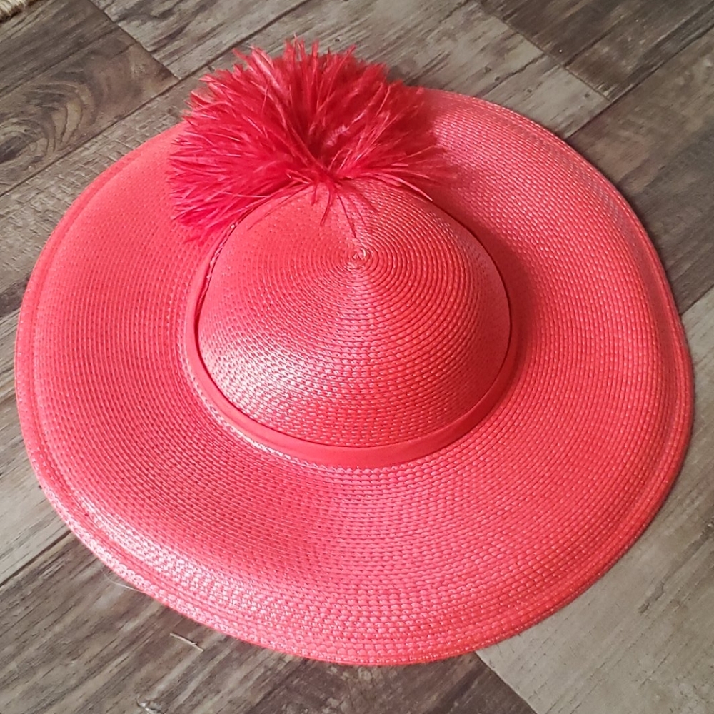 Vintage Designed by Sylvia Wide Brim Straw Hat Red